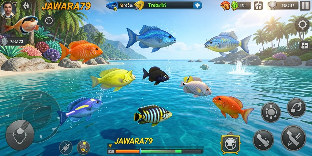 Gameplay seru JAWARA79 dengan berbagai ikan menunggu untuk ditembak.