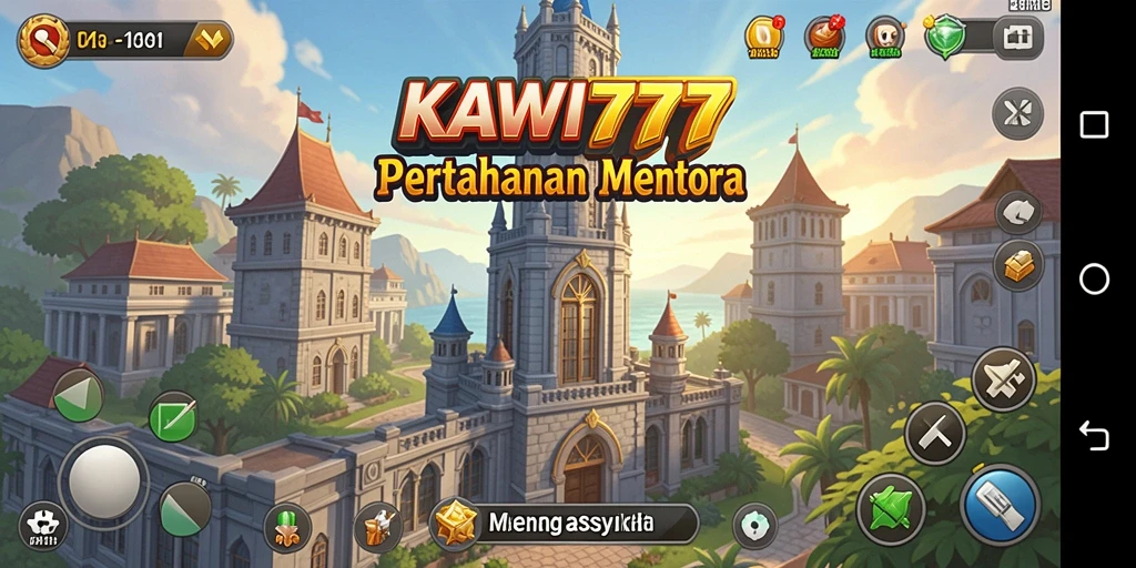 Screenshot gameplay KAWI777 menampilkan aksi menara yang bertempur melawan gelombang musuh.