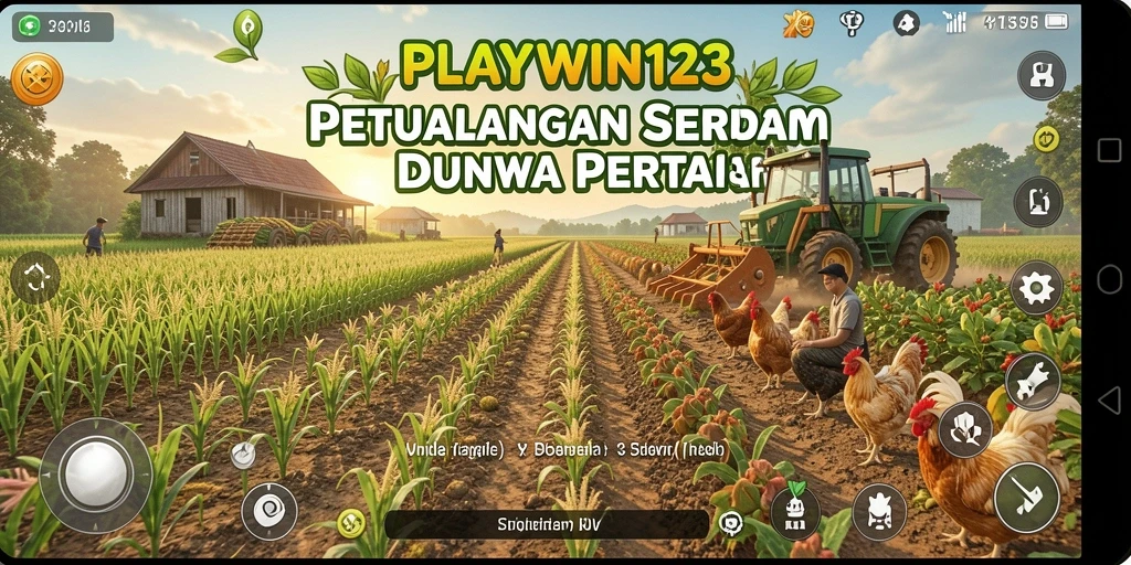 Screenshot menunjukkan gameplay seru dari <strong>PLAYWIN123</strong> dengan ladang yang subur.