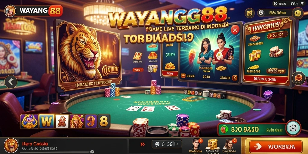 Screenshot permainan WAYANG88 menampilkan dealer live di meja kasino.